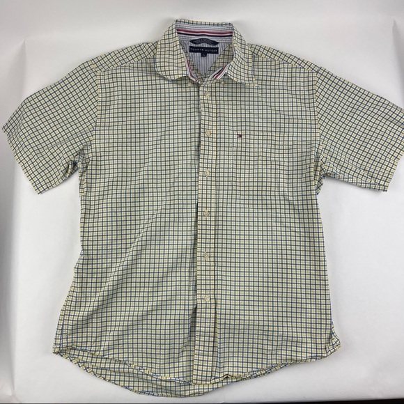 Tommy Hilfiger Button Up Shirt Mens Large Yellow Blue Plaid Short Sleeve - Picture 1 of 8